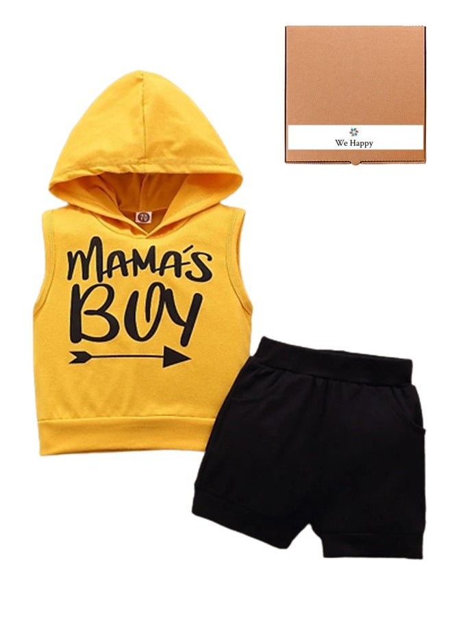 We Happy Mamas Boy Yellow Hoody Black Shorts Summer Suit Newborn Baby Printed Short Sleeve Dress Birthday Party Costume  - Image 1