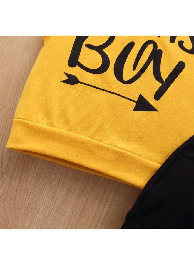 We Happy Mamas Boy Yellow Hoody Black Shorts Summer Suit Newborn Baby Printed Short Sleeve Dress Birthday Party Costume  - Image 3