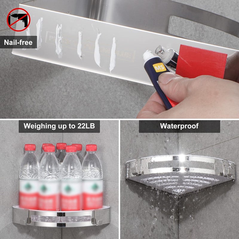 DUFU Corner Shower Caddy Adhesive Bathroom Shelves, Wall Mounted Storage Organizer with Hooks, No Drilling SUS304 Stainless Steel Rustproof Shower Racks for Dorm, Kitchen and Toilet - 2 Pack (Silver) - Image 2