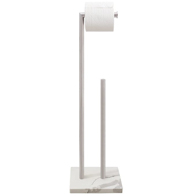 FREE STANDING TOILET PAPER HOLDER STAND WITH RESERVE HEAVY WEIGHTED MARBLE BASE DESIGN BATHROOM STANDS TISSUE ROLLS HOLDER 304 STAINLESS STEEL BRUSHED NICKEL