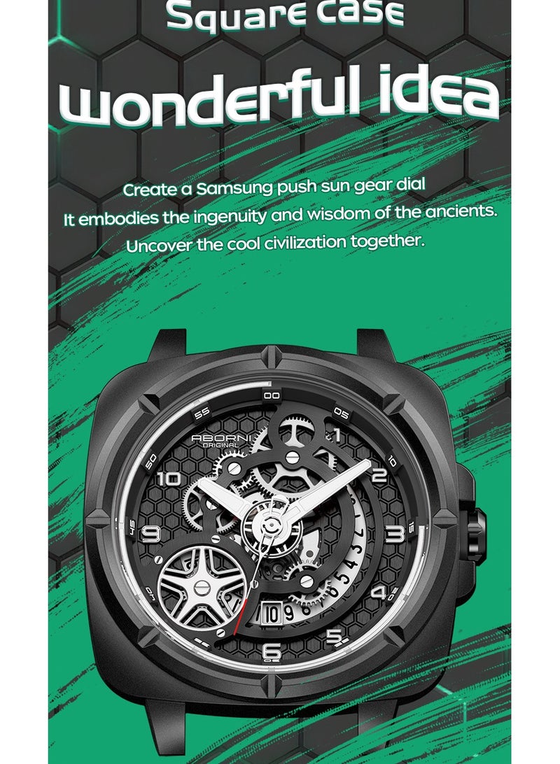 xozgdovg Men's mechanical wind sports trend watch national wind luminous waterproof silicone belt quartz watch/ YBN5007 black shell and black adhesive tape  - Image 4