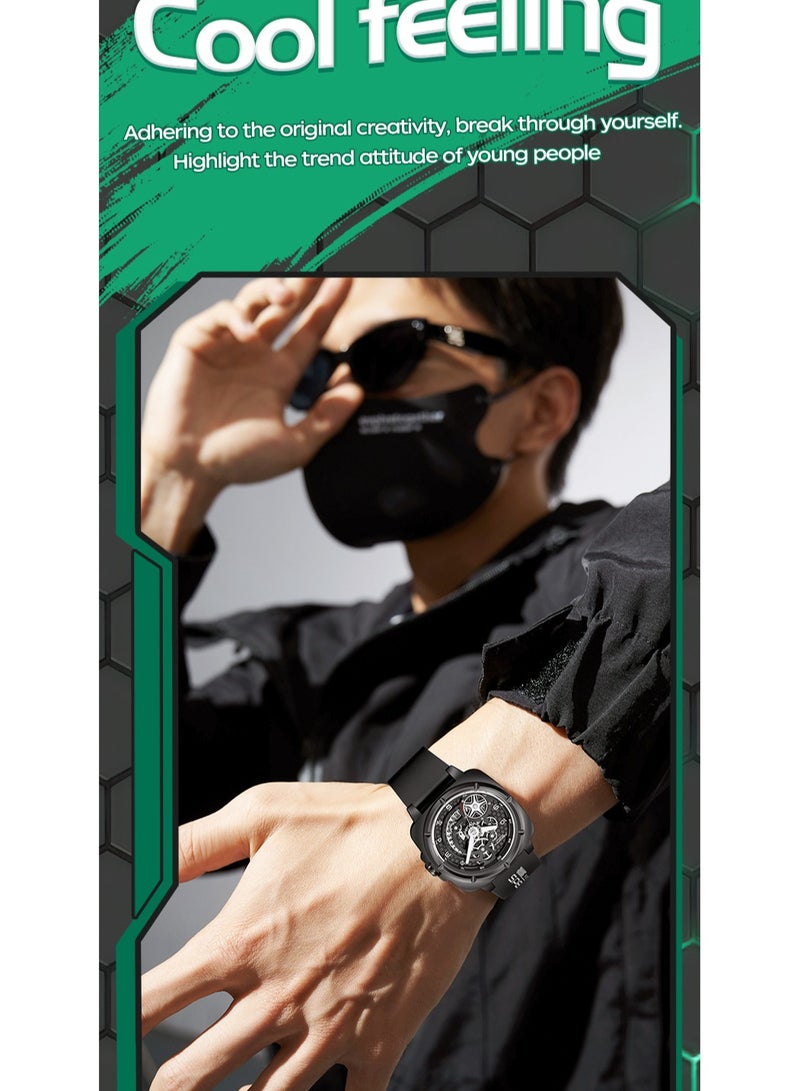 xozgdovg Men's mechanical wind sports trend watch national wind luminous waterproof silicone belt quartz watch/ YBN5007 black shell and black adhesive tape  - Image 5