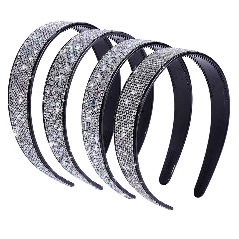 Rhinestone Headbands for Womens hair Silver Sparkly Headband with Teeth Fashion Bling Hairbands Non Slip Hair Hoop Decorative Hair Accessories for Girls Ladies with 4PCS