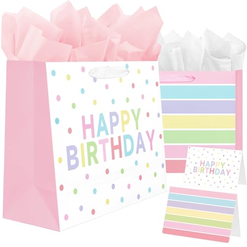 Laidans 2-Pack 13" Large Happy Birthday Gift Bags Party with Tissue Paper, Cards for Girls Women Birthday Party Favors Wrap - Image 1