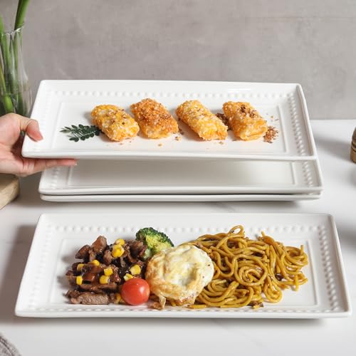 Feenmai 14 inch Ceramic Serving Platter - Rectangular Serving Trays Set of 4, Large Embossed Plates, Porcelain White Platters for Steak, Appetizer, Dessert, Tacos, Housewarming, Oven Dishwasher Safe - Image 4
