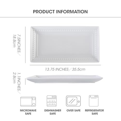 Feenmai 14 inch Ceramic Serving Platter - Rectangular Serving Trays Set of 4, Large Embossed Plates, Porcelain White Platters for Steak, Appetizer, Dessert, Tacos, Housewarming, Oven Dishwasher Safe - Image 3