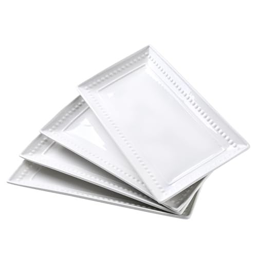 Feenmai 14 inch Ceramic Serving Platter - Rectangular Serving Trays Set of 4, Large Embossed Plates, Porcelain White Platters for Steak, Appetizer, Dessert, Tacos, Housewarming, Oven Dishwasher Safe - Image 1