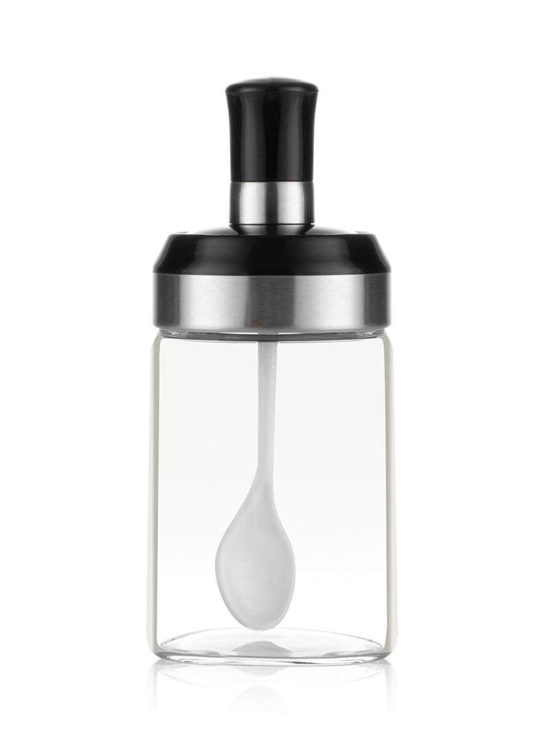 KASTWAVE Sauce Jar Sugar Container Glass Jar Combination Spoon with Lid Canisters Storing Seasoning Spices Salt Sugar for Kitchen Counter Food Storage with Decorative Sticker 9.7oz / 280ml - Image 1