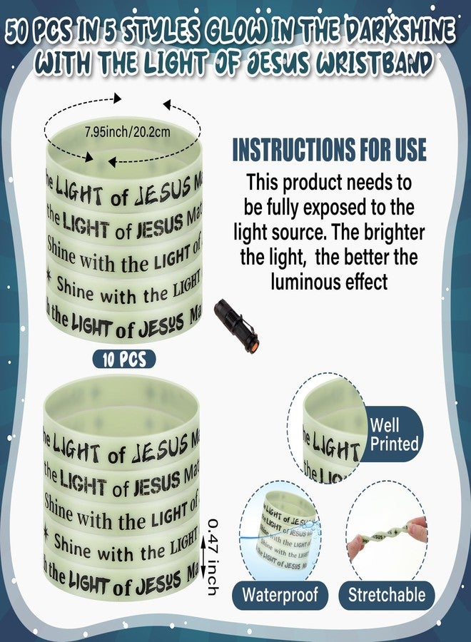 PullCrease 50 Pcs Shine with the Light of Jesus Glow in the Dark Wristband, Christian Matthew 5: 16 Religious Bracelet Christmas Silicone Rubber Wristband for Xmas Party Sunday School Church Supplies - Image 2