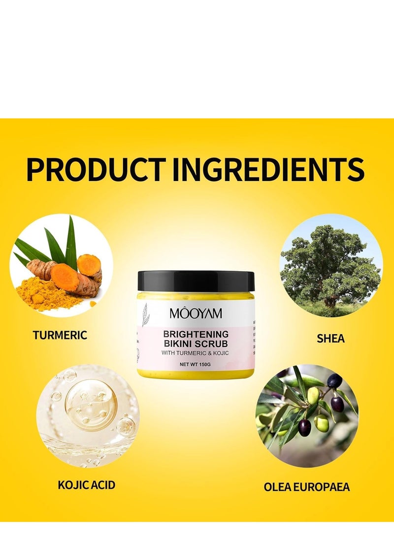 MOOYAM Brightening Bikini Scrub With Turmeric & Kojic ,Area Exfoliator, Turmeric and Kojic Brightening Body Scrub for Ingrown Hair Treatment – Exfoliating Bump Eraser for Inner Thighs, Bikini Line, and Armpits (150G) - Image 3