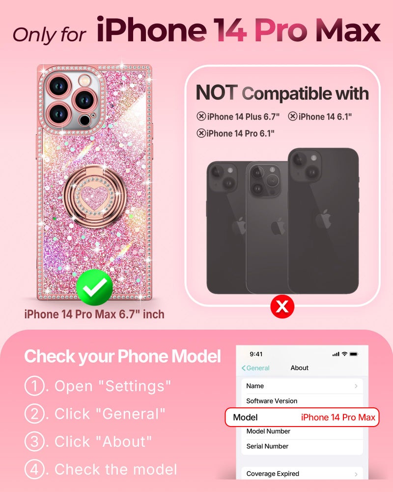 XYZ for iPhone 14 Pro Max Case, Glitter Bling Phone Cover with 2-Ring Heart Stand & Lanyard, Women Girls Luxury Rhinestone Shockproof Protective Case for iPhone 14 Pro Max, Pink - Image 2