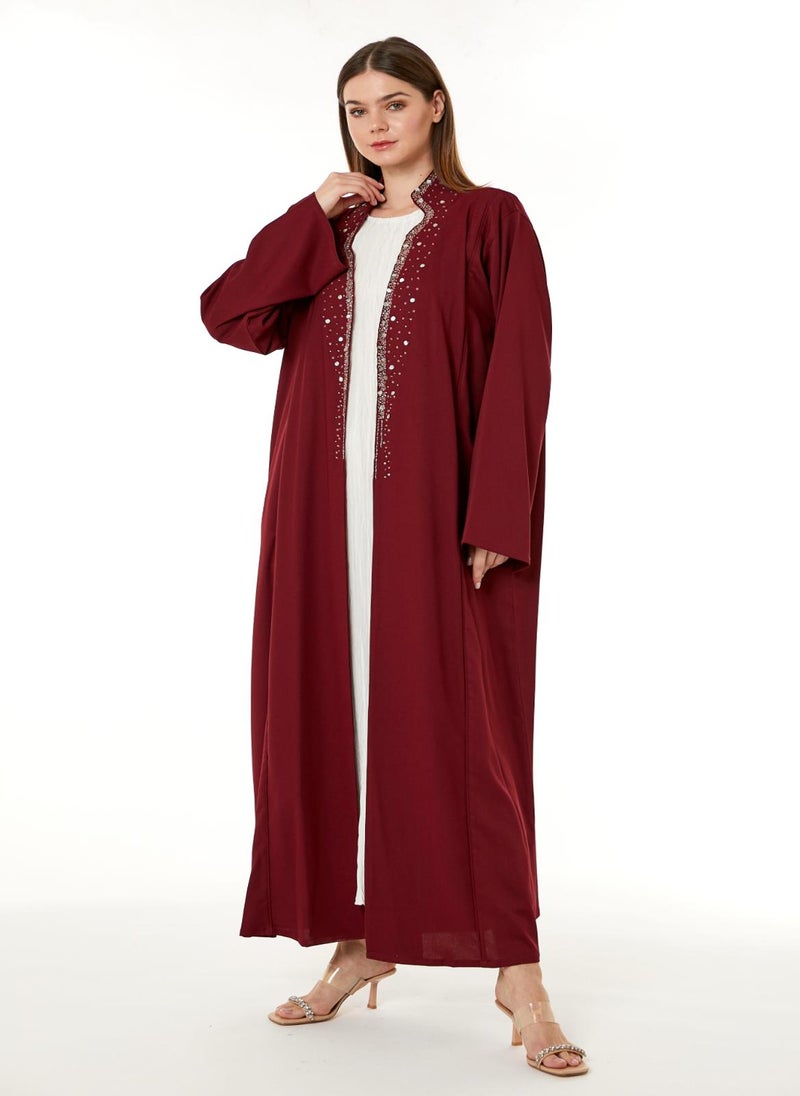 مويستريت عباية باللون الأحمر مطرزة يدوياً من الكريب الإندونيسي - Image 3