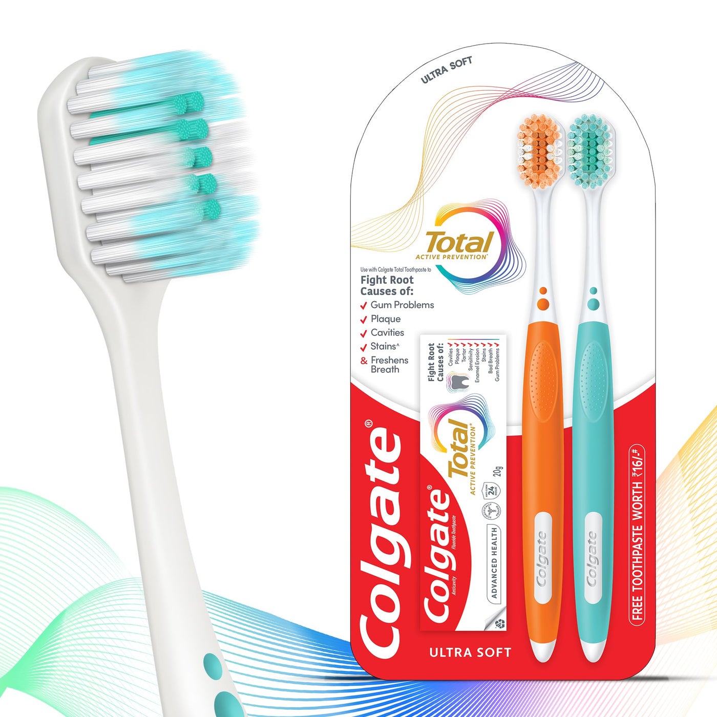 Colgate Toothbrush Total (2pcs) | Ultra Soft brush toothbrush for adults with Total Advanced Health Toothpaste 20g | tooth brush combo pack offer, manual, Multi Color