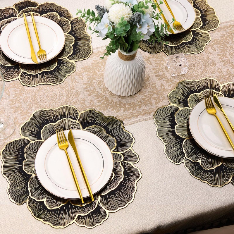 Evevda Placemats Set of 6 Gold Flower Placemats for Dining Table Round Pressed Vinyl Metallic Table Mats 15 Inch for Holiday Party Decoration - Image 2