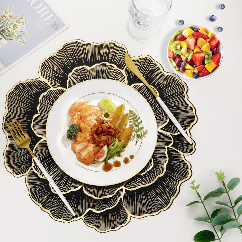 Evevda Placemats Set of 6 Gold Flower Placemats for Dining Table Round Pressed Vinyl Metallic Table Mats 15 Inch for Holiday Party Decoration - Image 4