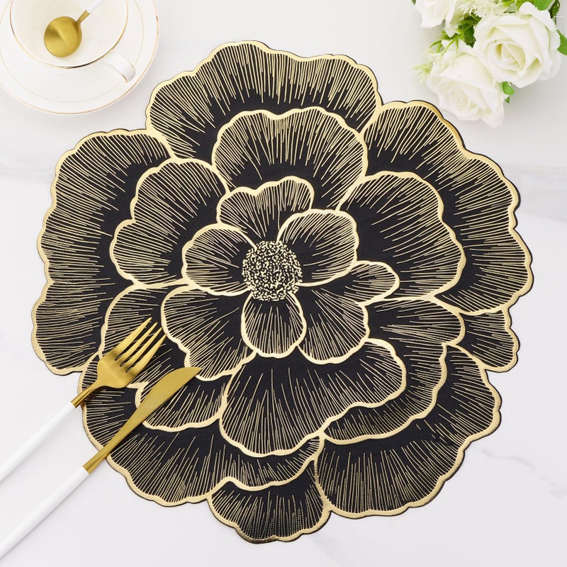 Evevda Placemats Set of 6 Gold Flower Placemats for Dining Table Round Pressed Vinyl Metallic Table Mats 15 Inch for Holiday Party Decoration - Image 1