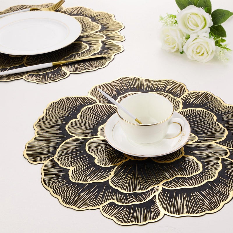 Evevda Placemats Set of 6 Gold Flower Placemats for Dining Table Round Pressed Vinyl Metallic Table Mats 15 Inch for Holiday Party Decoration - Image 5