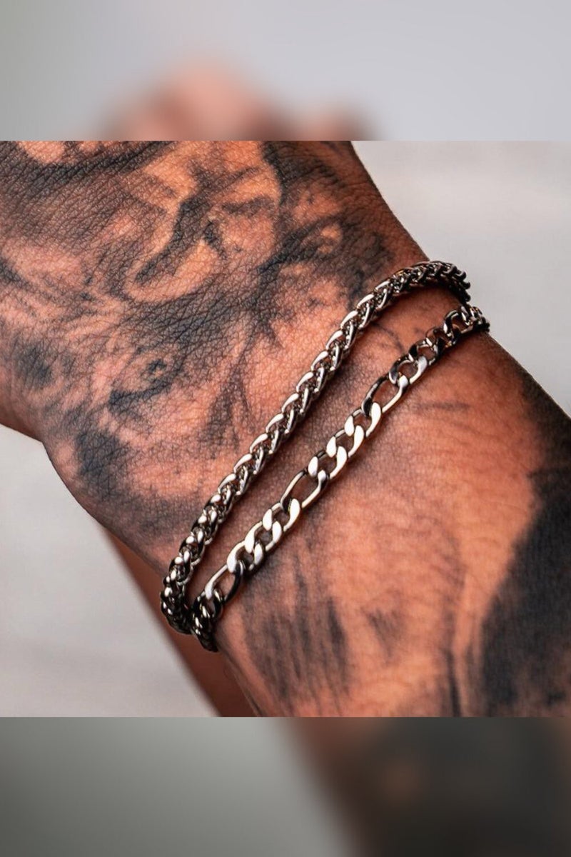 The Steel 2-Piece Angelus and Figaro Chain Tarnish Resistant Unisex Silver Steel Bracelet  - Image 1