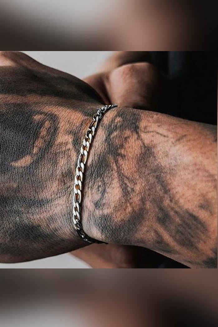 The Steel 2-Piece Angelus and Figaro Chain Tarnish Resistant Unisex Silver Steel Bracelet  - Image 4