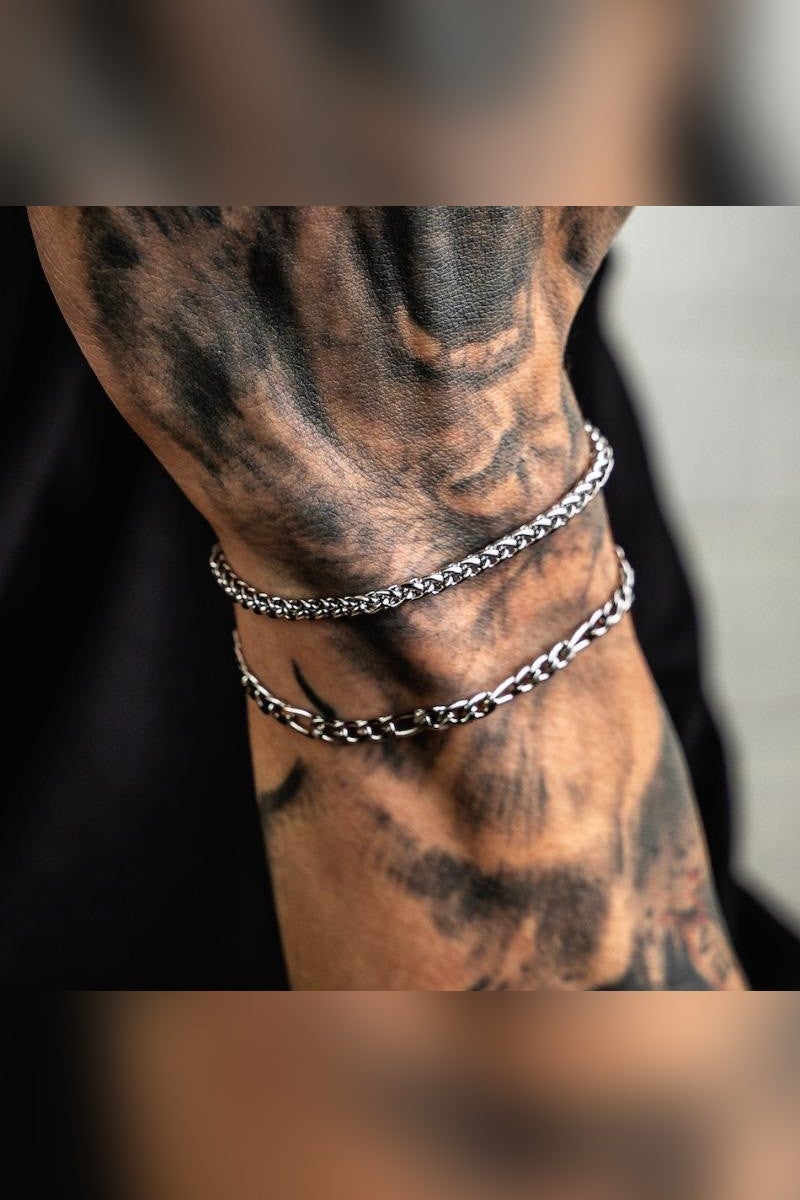 The Steel 2-Piece Angelus and Figaro Chain Tarnish Resistant Unisex Silver Steel Bracelet  - Image 2