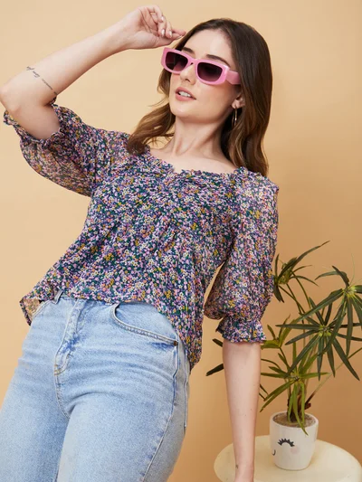 جلو باص Women Floral Printed Puffed Sleeves Smocked Georgette Top