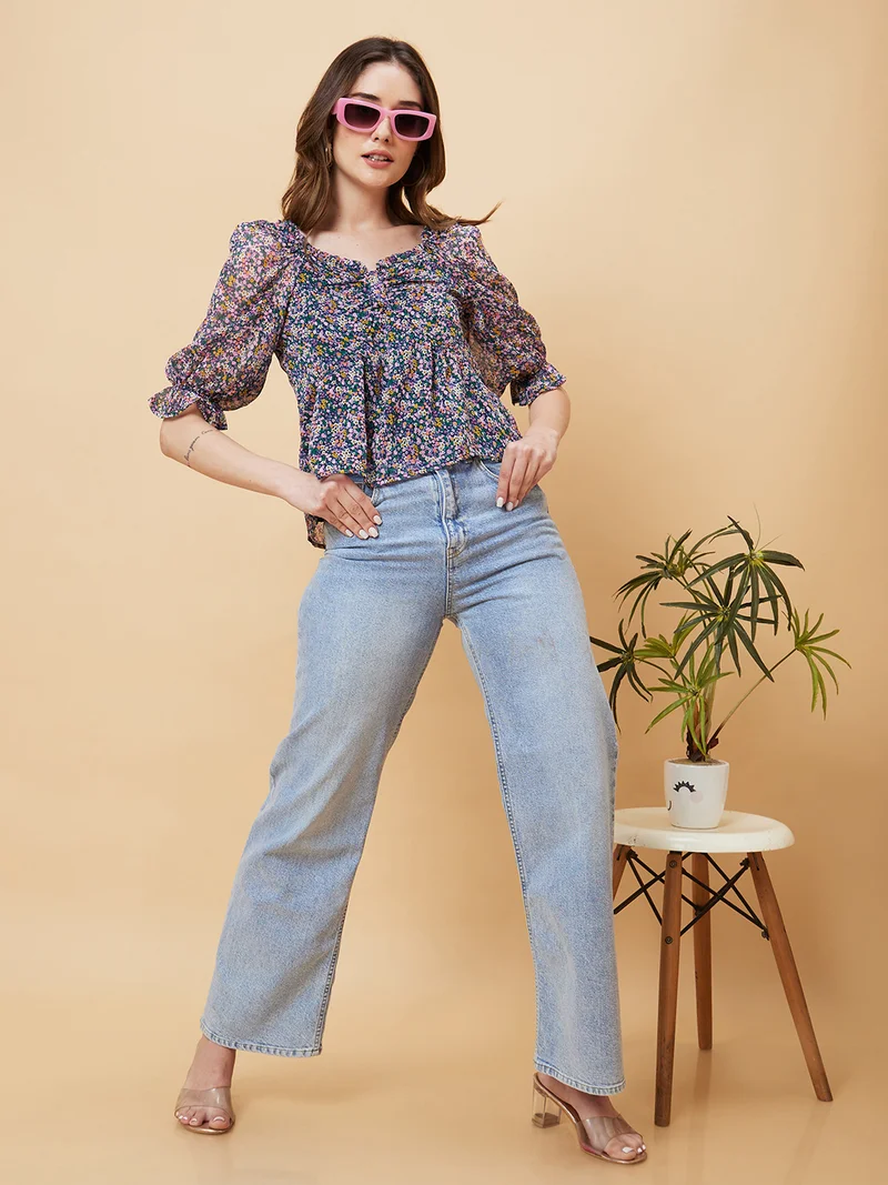 جلو باص Women Floral Printed Puffed Sleeves Smocked Georgette Top