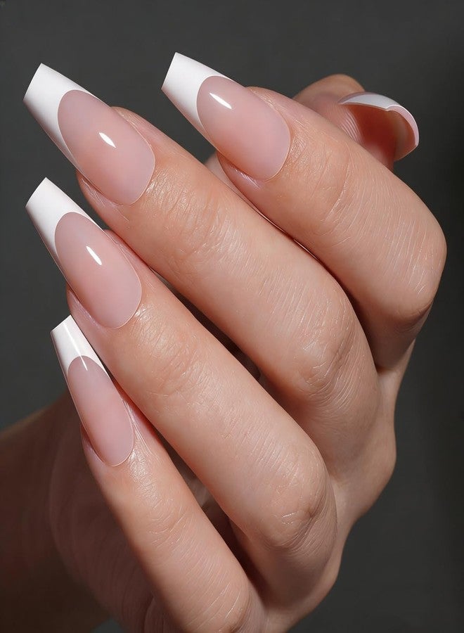 ROKHEVN 30pcs French Tip Press on Nails Long Coffin Fake Nails Nude Pink Design Stick on Nails Glossy Full Cover Acrylic Glue on Nails for Women Nails Art Decoration - Image 1