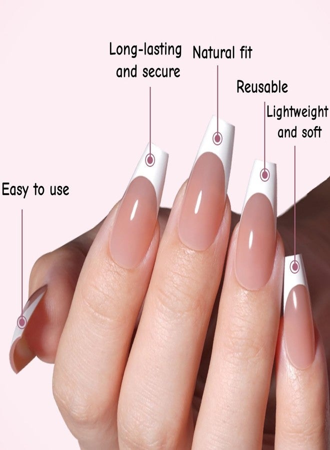 ROKHEVN 30pcs French Tip Press on Nails Long Coffin Fake Nails Nude Pink Design Stick on Nails Glossy Full Cover Acrylic Glue on Nails for Women Nails Art Decoration - Image 3