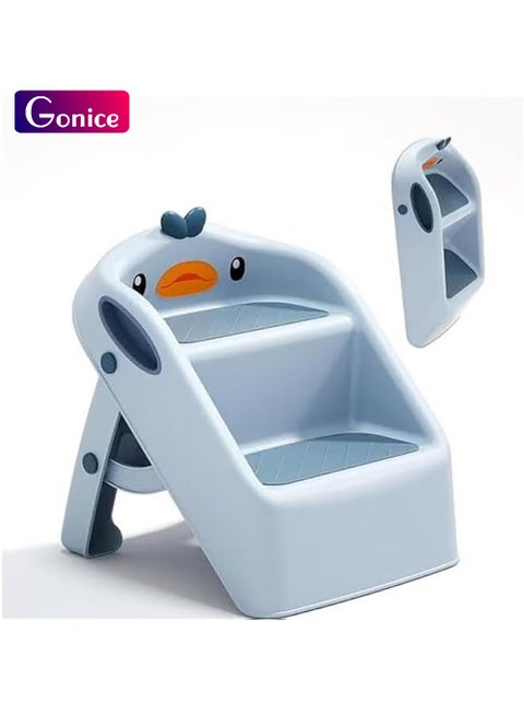 مقعد قابل للطي للأطفال الصغار في المطبخ والحمام والحوض من يو هوم، مقعد تدريب على استخدام المرحاض على النونية، ارتفاع مزدوج 28 سم، مقعد بلاستيك مساعد للمطبخ مزود بمقابض، مقعد للحضانة بأقدام، لون أزرق
