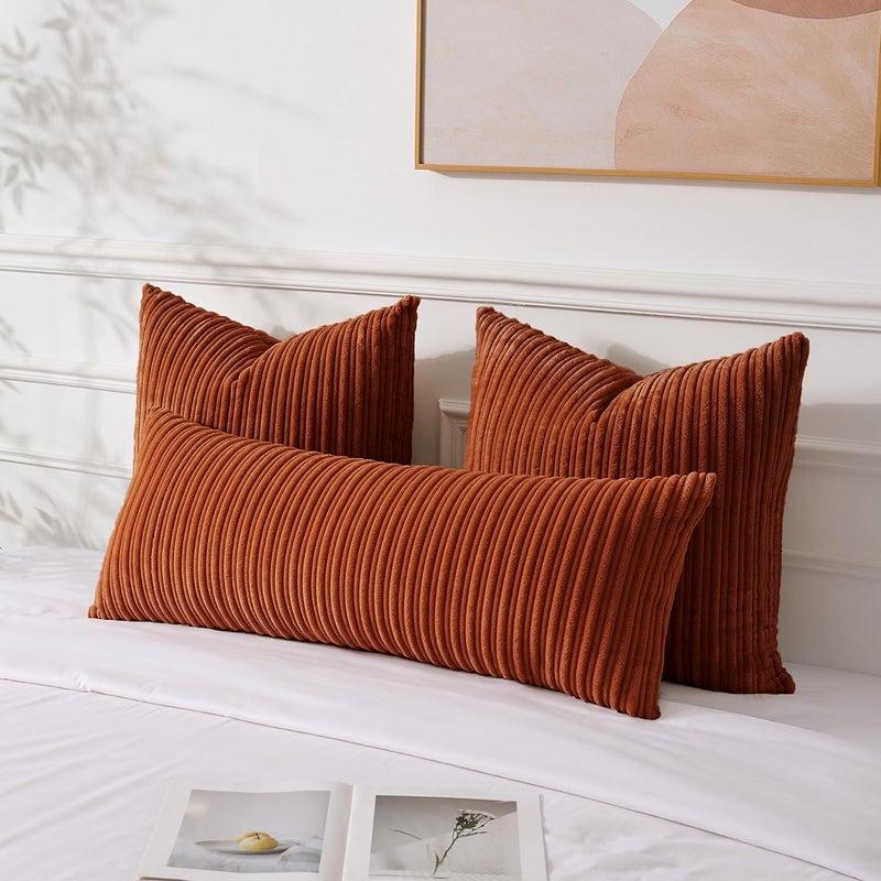 UGS UGASA غطاء وسادة من UGASA لديكور الخريف مقاس 14×36 بوصة، عبوة من قطعة واحدة، مخمل مخطط بوهو ناعم، غطاء وسادة قطنية كبيرة طويلة مستطيلة للسرير والأريكة والأريكة وغرفة النوم، برتقالي محروق - Image 2