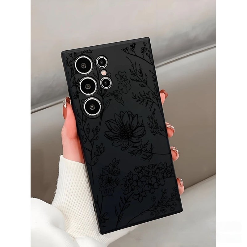Samsung Galaxy S25 Ultra phone case TPU shock-absorbing advanced minimalist lines flower and grass anti drop phone case (black)