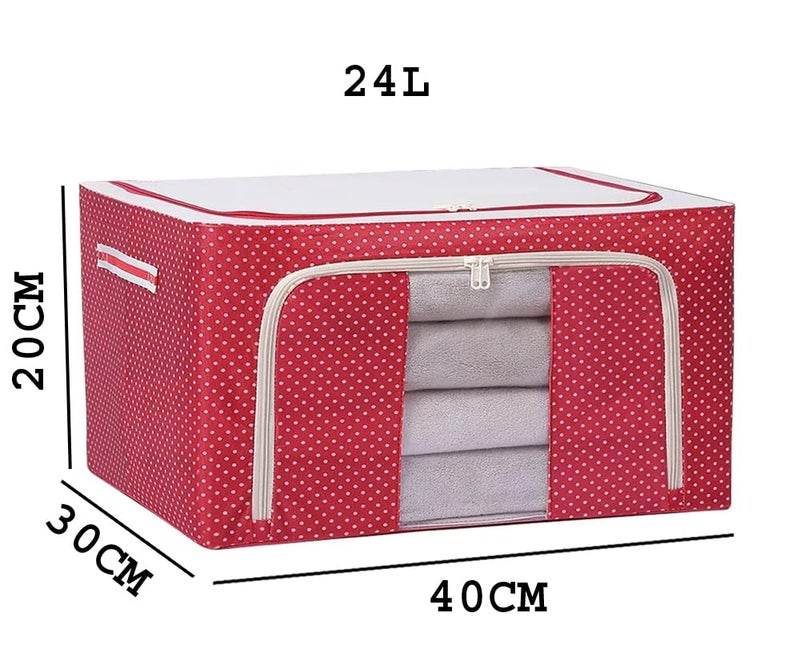 Raggle polycotton Clothes Storage Organizer Bins, Foldable Storage Bins-Cloth Steel Frame Storage Box with Foldable Clear Window & Reinforced Handles (Red, 24L-1) - Image 2