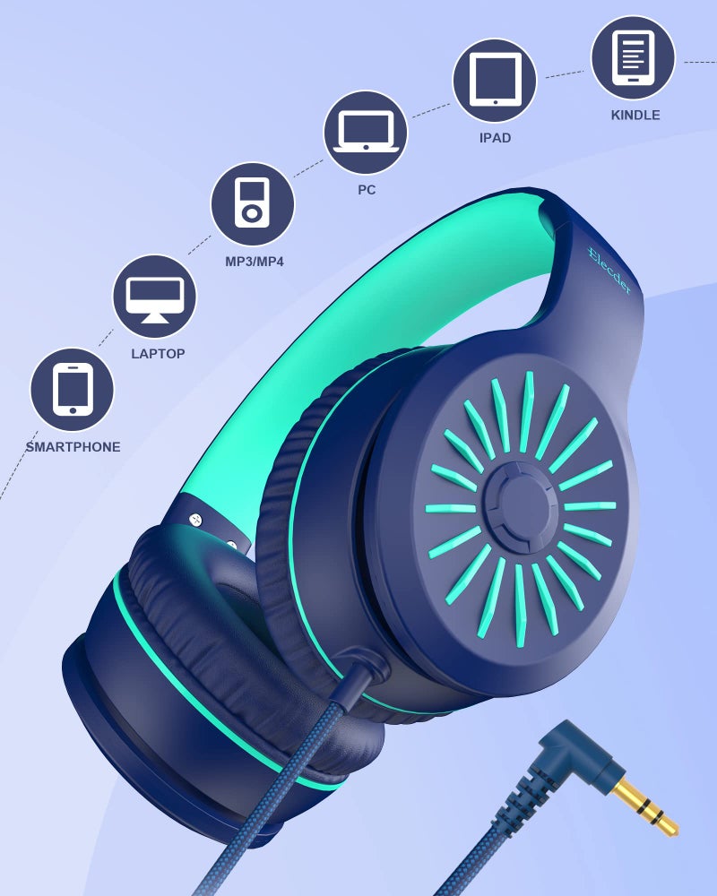 ELECDER i45 On-Ear Headphones with Microphone - Foldable Stereo Bass, Portable Wired Headphones with No-Tangle 1.5M Cord, 3.5MM Jack for School/Kids/Teens/Smartphones/Travel/Tablet - Blue - Image 5