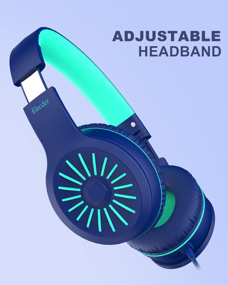 ELECDER i45 On-Ear Headphones with Microphone - Foldable Stereo Bass, Portable Wired Headphones with No-Tangle 1.5M Cord, 3.5MM Jack for School/Kids/Teens/Smartphones/Travel/Tablet - Blue - Image 3