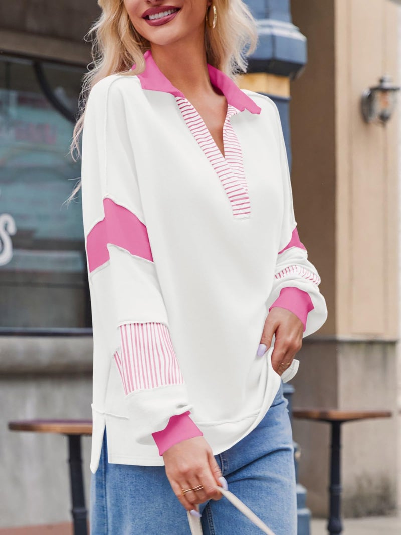 Fisoew Womens Color Block Oversized Sweatshirt Polo V Neck Long Sleeve Shirts Casual Loose Pullover Tops Pink - Image 5