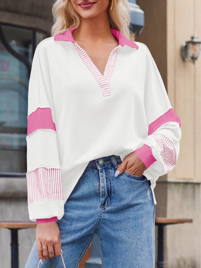 Fisoew Womens Color Block Oversized Sweatshirt Polo V Neck Long Sleeve Shirts Casual Loose Pullover Tops Pink - Image 4