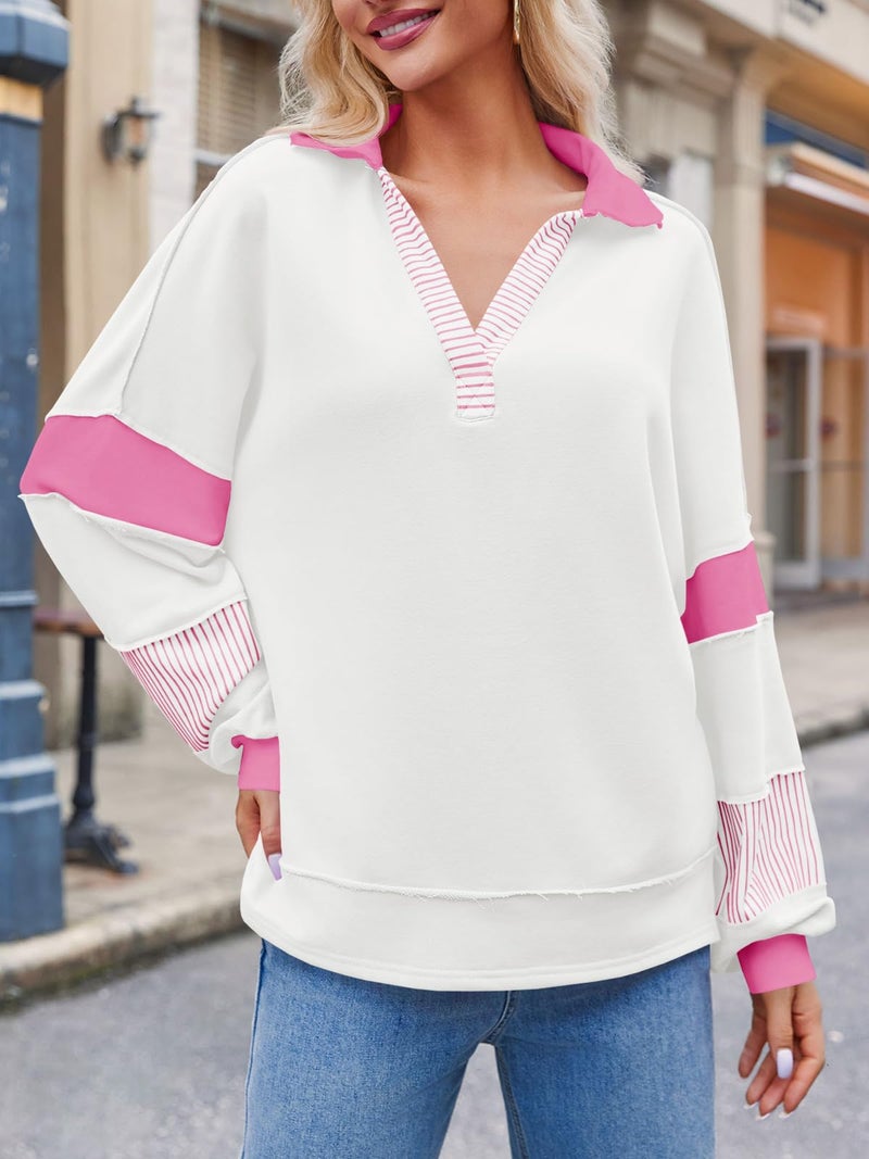 Fisoew Womens Color Block Oversized Sweatshirt Polo V Neck Long Sleeve Shirts Casual Loose Pullover Tops Pink - Image 2