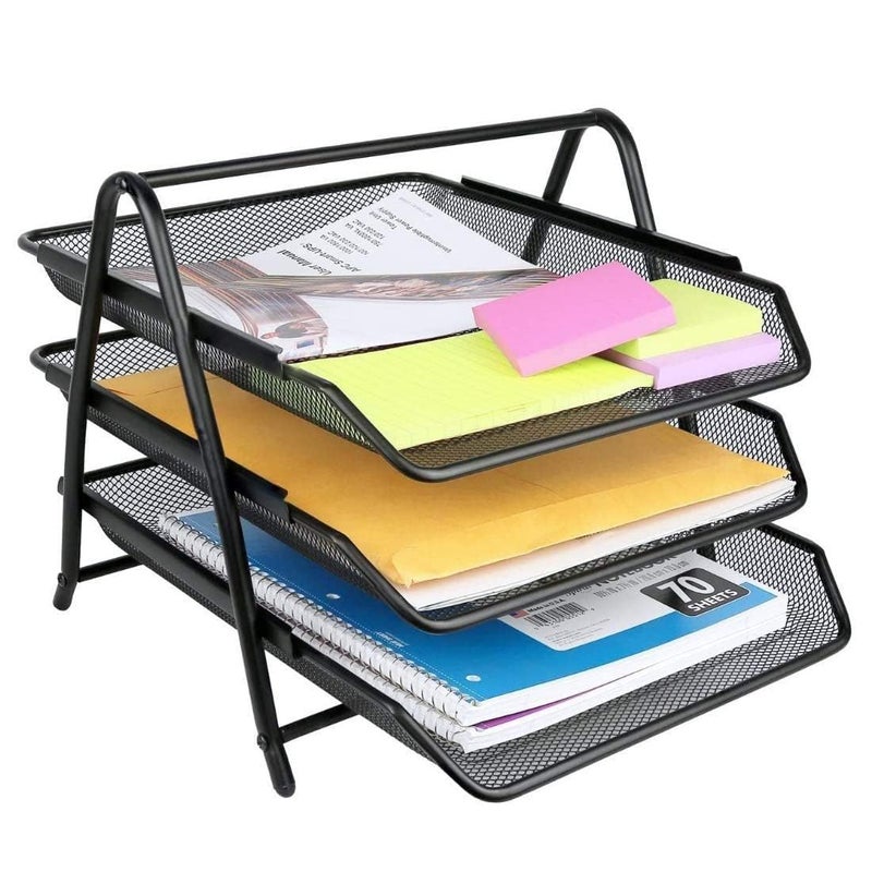 DIVHUK Desktop Bookshelf Magazine Organizer 3 Compartment Plastic Frames File Holder Dividers Document Cabinet Rack Storage Box for Office Home School (Black Metal - 3 Tier) - Image 1