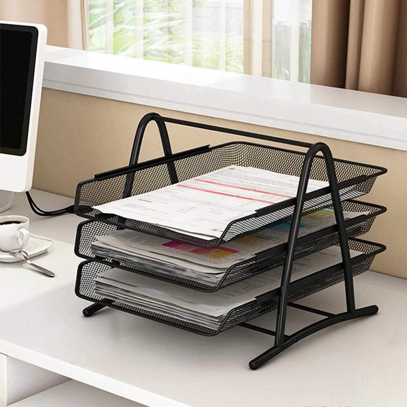 DIVHUK Desktop Bookshelf Magazine Organizer 3 Compartment Plastic Frames File Holder Dividers Document Cabinet Rack Storage Box for Office Home School (Black Metal - 3 Tier) - Image 2