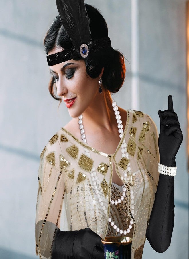 ELECLAND 10 Pieces 1920s Flapper Accessories Set Fashion Roaring 20's Theme Set with Headband Headpiece Long Black Gloves Necklace Earrings for Women (Apricot Gold) - Image 5