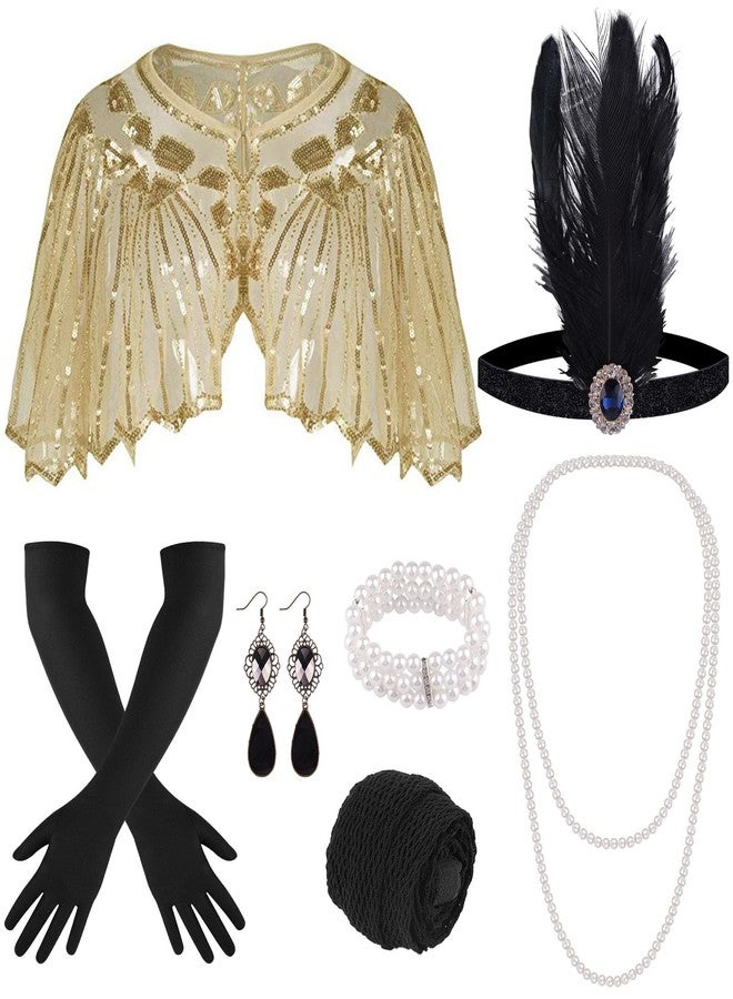 ELECLAND 10 Pieces 1920s Flapper Accessories Set Fashion Roaring 20's Theme Set with Headband Headpiece Long Black Gloves Necklace Earrings for Women (Apricot Gold) - Image 1