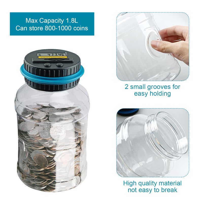 QPEY Large Piggy Banks for Adults, Digital Counting Money Jar, 1.8L Capacity Coin Counter Machine with LCD Counter, Change Jars for Saving for Boys, Designed for All US Coins - Image 4