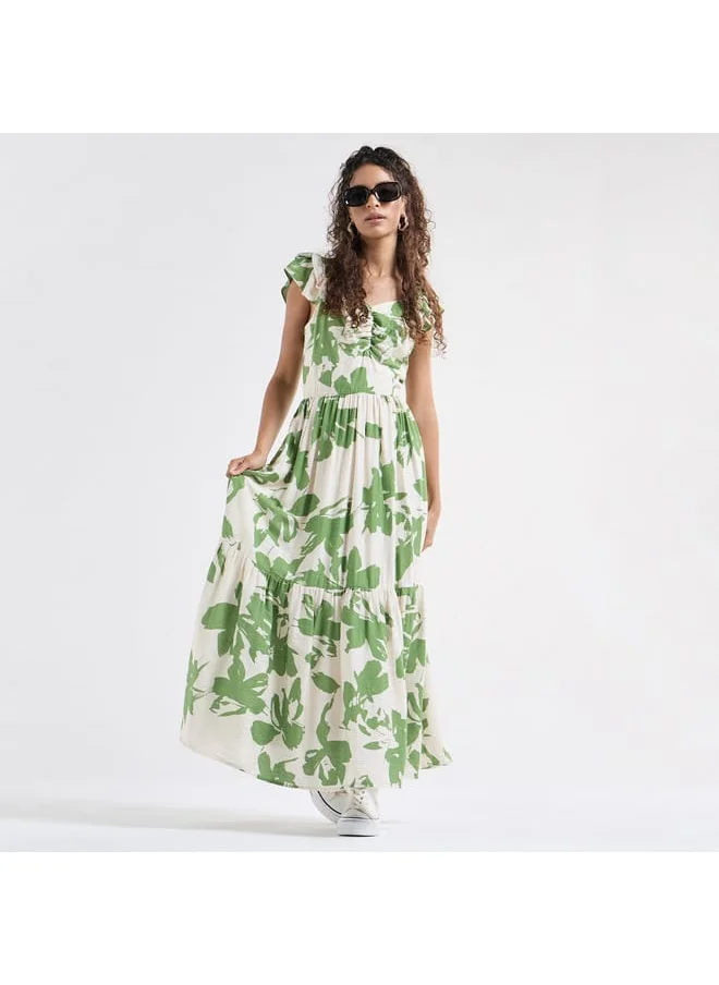 FAV Printed Maxi Dress with Sweetheart Neck and Ruffle Sleeves