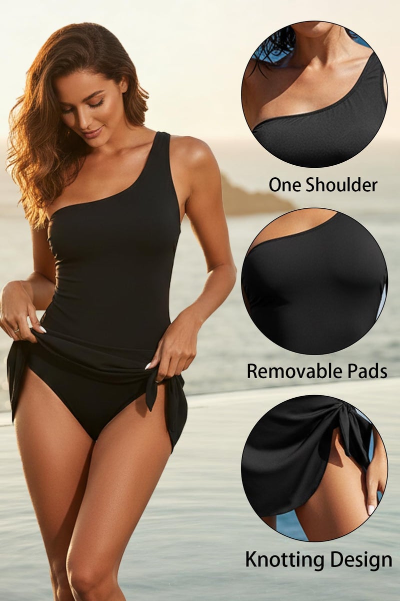 Tempt Me Women Black One Piece Swim Dress One Shoulder Swimsuit with Skirt Tummy Control Swimdress Bathing Suit M - Image 4
