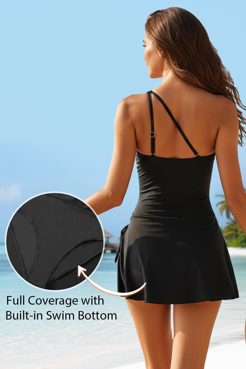 Tempt Me Women Black One Piece Swim Dress One Shoulder Swimsuit with Skirt Tummy Control Swimdress Bathing Suit M - Image 2