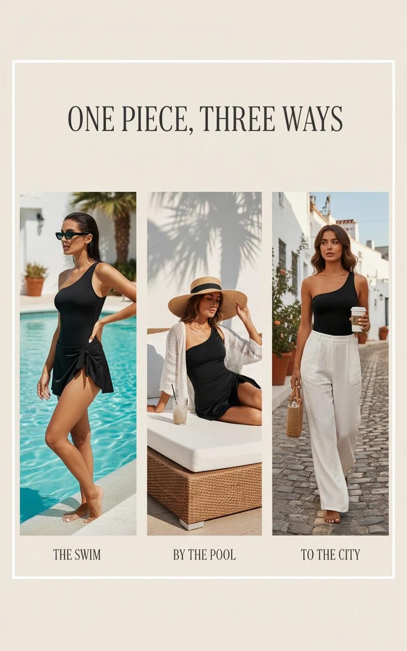 Tempt Me Women Black One Piece Swim Dress One Shoulder Swimsuit with Skirt Tummy Control Swimdress Bathing Suit M - Image 5