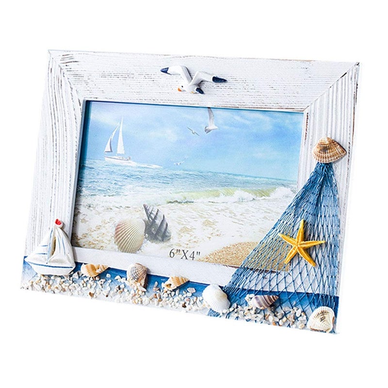 JANOU JANOU Mediterranean Photo Frame Wooden Picture Frame Wooden Photo Frame Holder for Nautical Beach Themed Home Coffee Shop Decoration 6x4 Inch