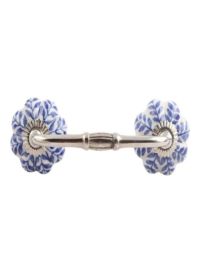 Indian-Shelf 1 Pack Ceramic Blue Drawer Pulls Floral Vintage Kitchen Cabinet Handles Silver Hardware 4'' Hole to Hole Dresser Door Handle -BH-104-MCK-07 - Image 1