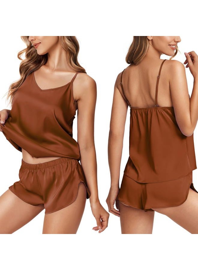 Ekouaer Silk Pjs for Women Satin Pajamas Set Lingerie Camisole Pajamas Cami Shorts Set Nightwear Brown - Image 1
