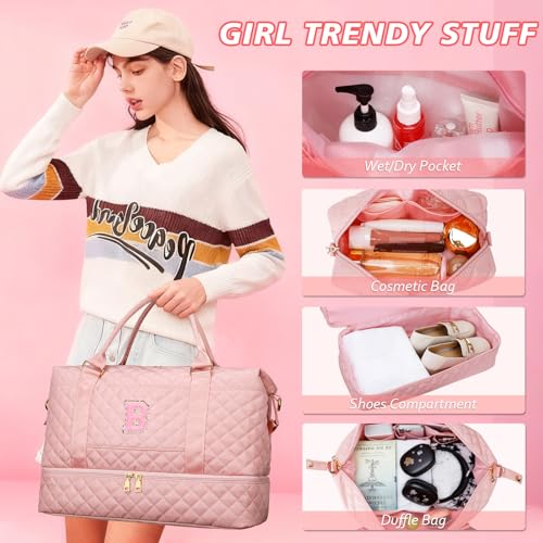 CLOUDWINGS Gifts for Daughter Girls Birthday Christmas Initial Travel Duffle Bag Quilted Weekender Bags Carry-On Overnight with Cosmetic Bag, Gym Bag with Shoe Compartment, Pink-B - Image 5